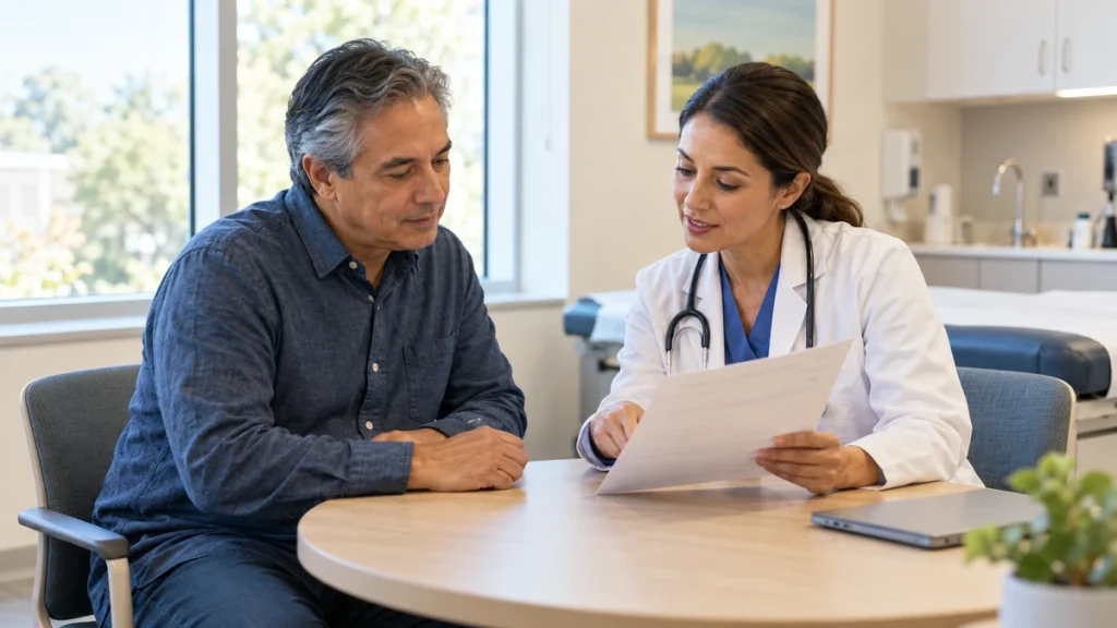 Patient reviewing an after-visit summary with a clinician