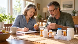 Couple creating a family medication list at a dining table
