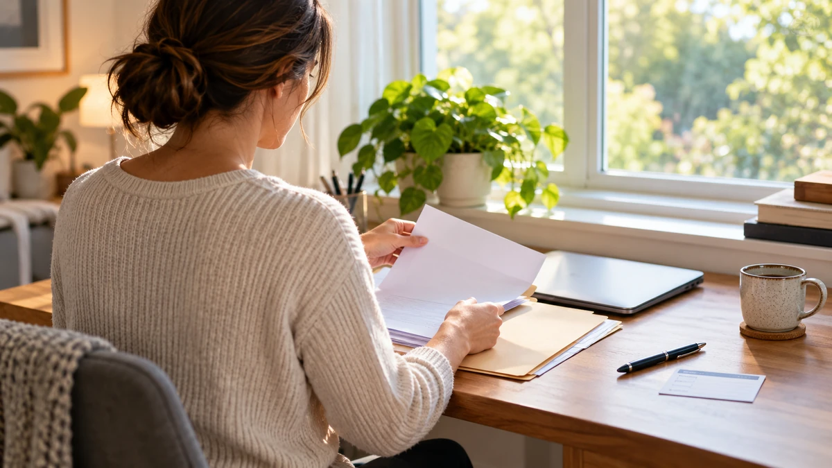 Woman organizing a personal health summary at a home desk