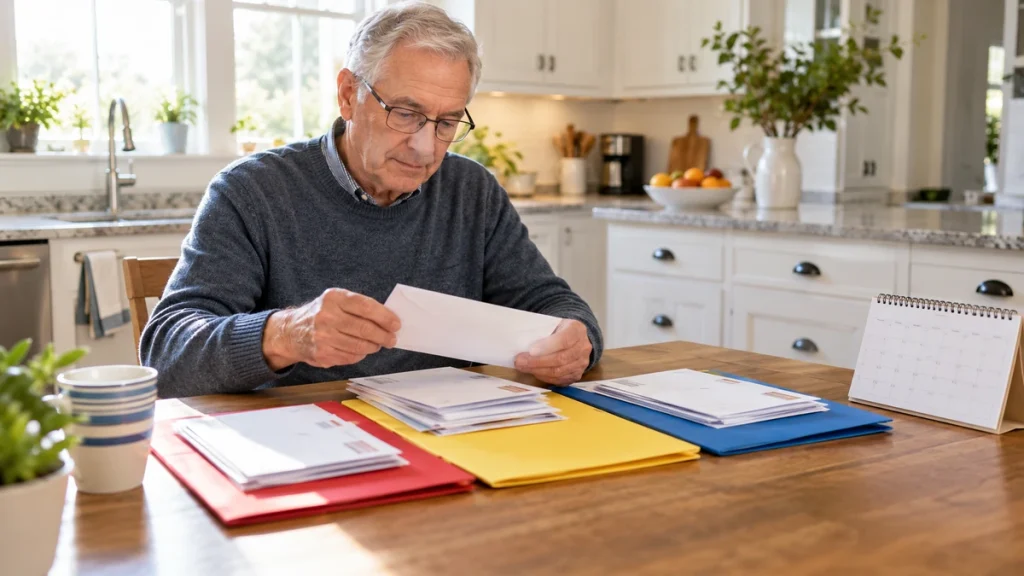 Older man sorting lab result folders at a kitchen table