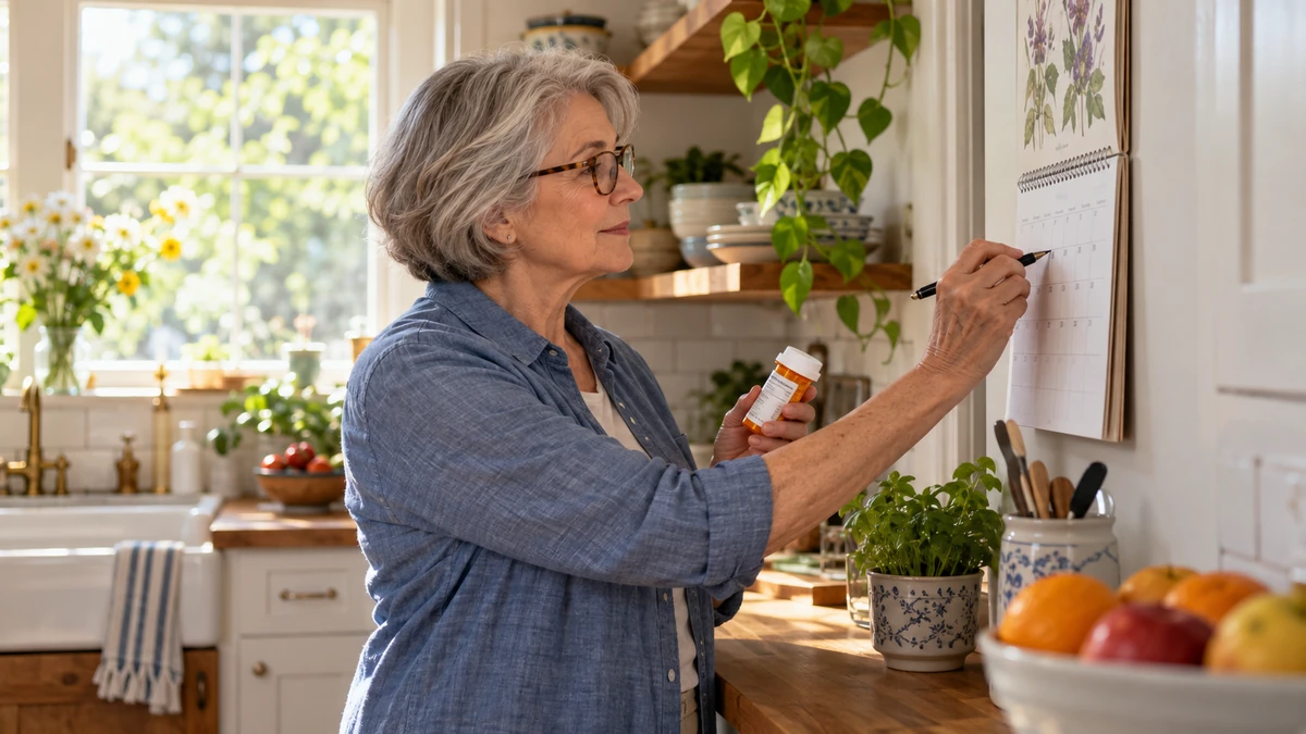 Older adult organizing prescription refill information in a kitchen