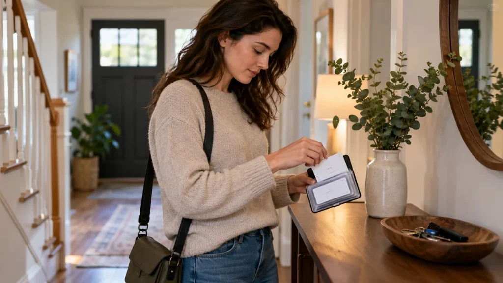 Adult organizing allergy information in a travel card holder