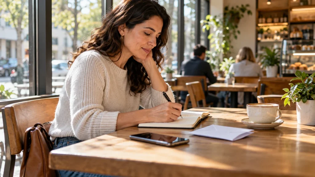 Patient writing clinic follow-up notes in a café after an appointment