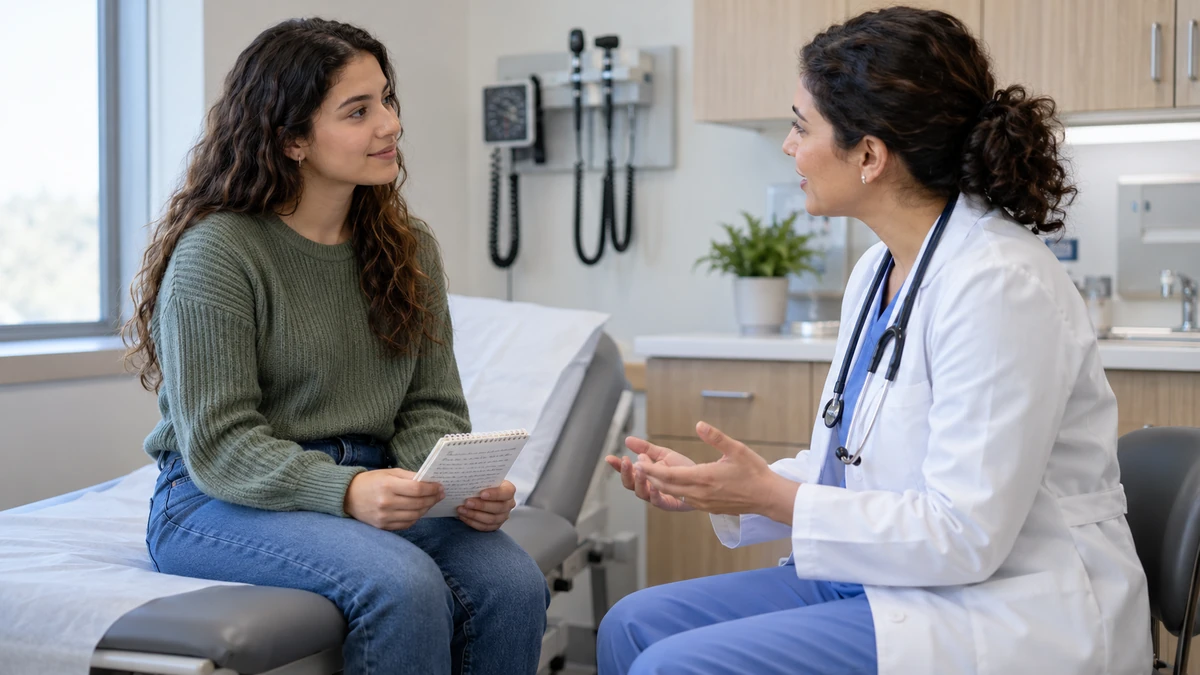 Patient speaking with clinician before a routine medical test