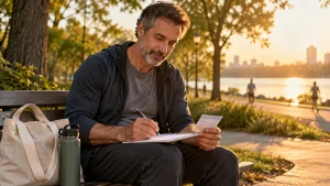 Man preparing a routine health screening checklist outdoors
