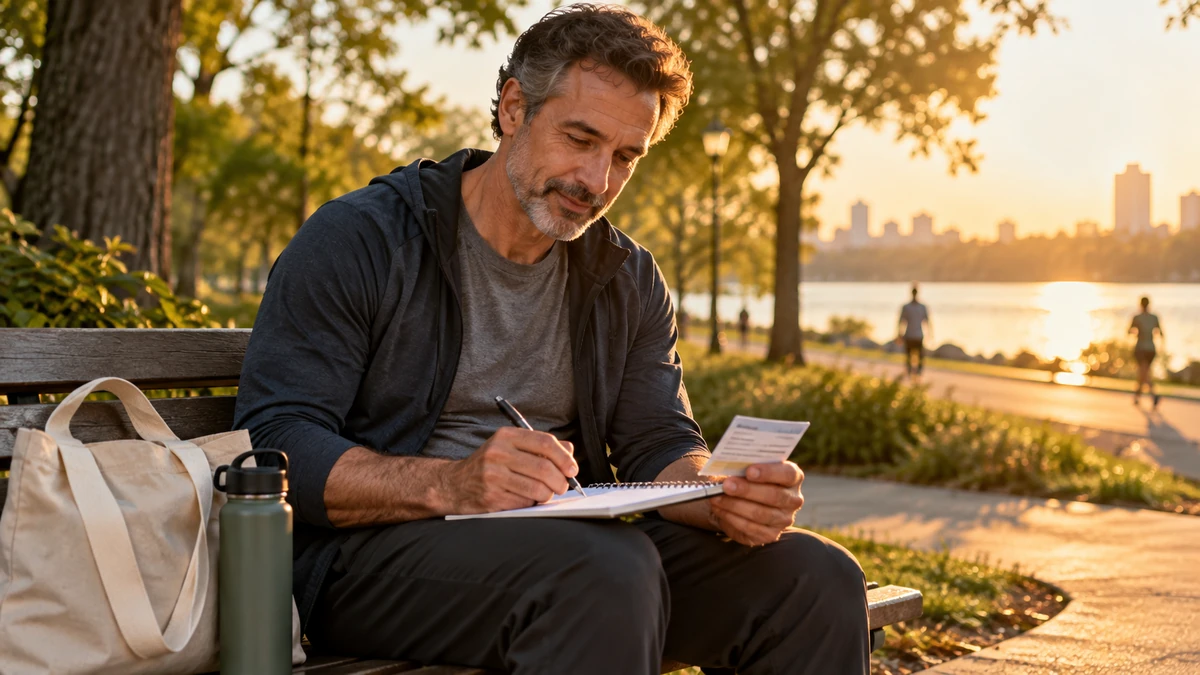 Man preparing a routine health screening checklist outdoors
