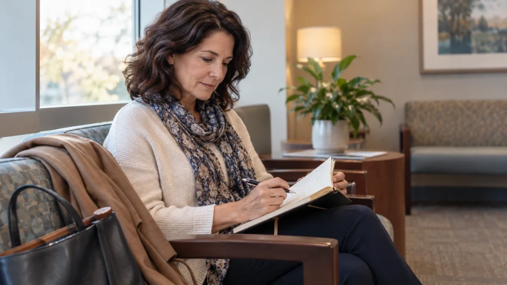 Woman reviewing appointment notes while waiting for a specialist visit