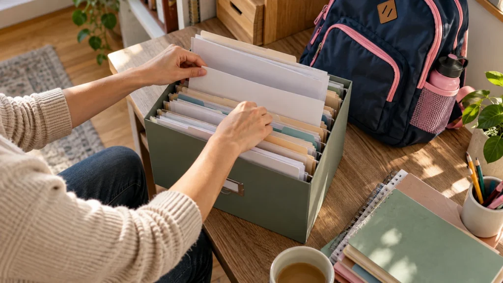Parent organizing vaccination documentation in a home file box