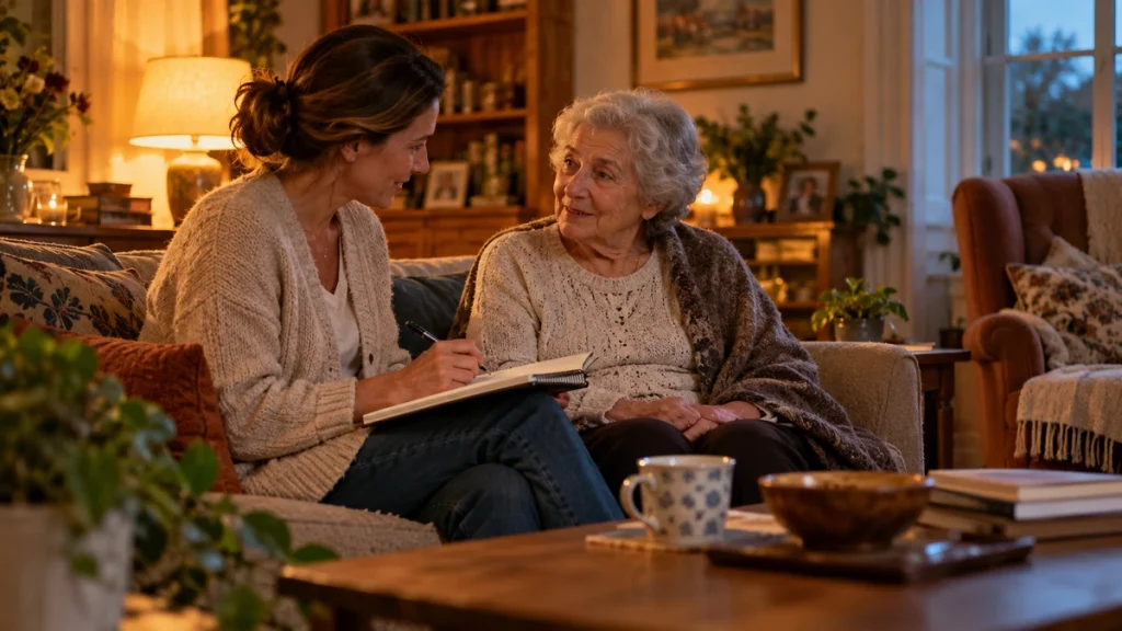 Caregiver keeping organized notes with an older family member