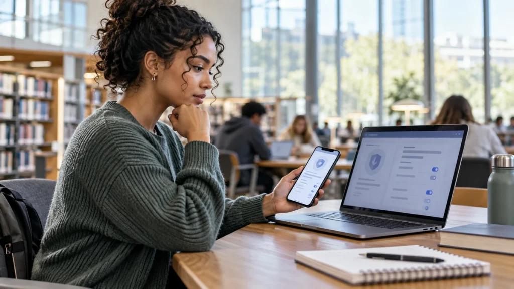 Adult evaluating a health app privacy screen at a public library table