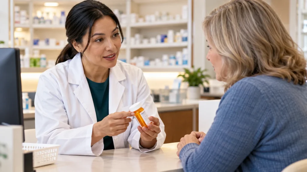 Pharmacist explaining a prescription bottle label to a customer
