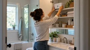 Parent placing a locked medicine box on a high bathroom shelf