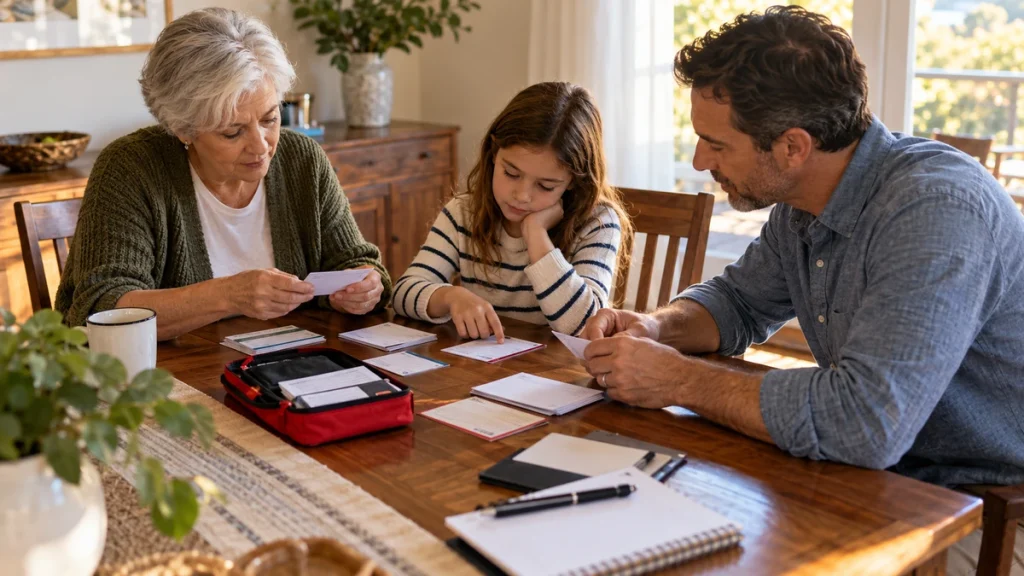 Family organizing emergency health information at a dining table