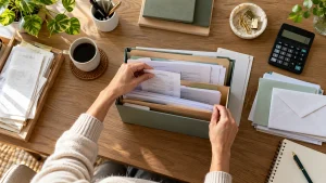 Medical receipts and care records arranged at a home office desk