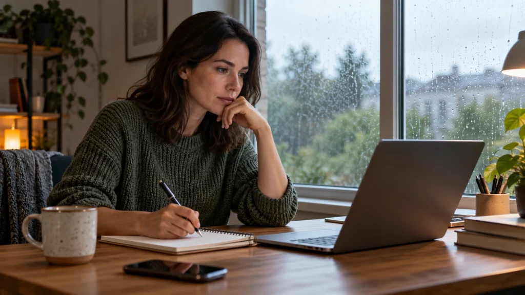 Adult evaluating online symptom information at a home desk