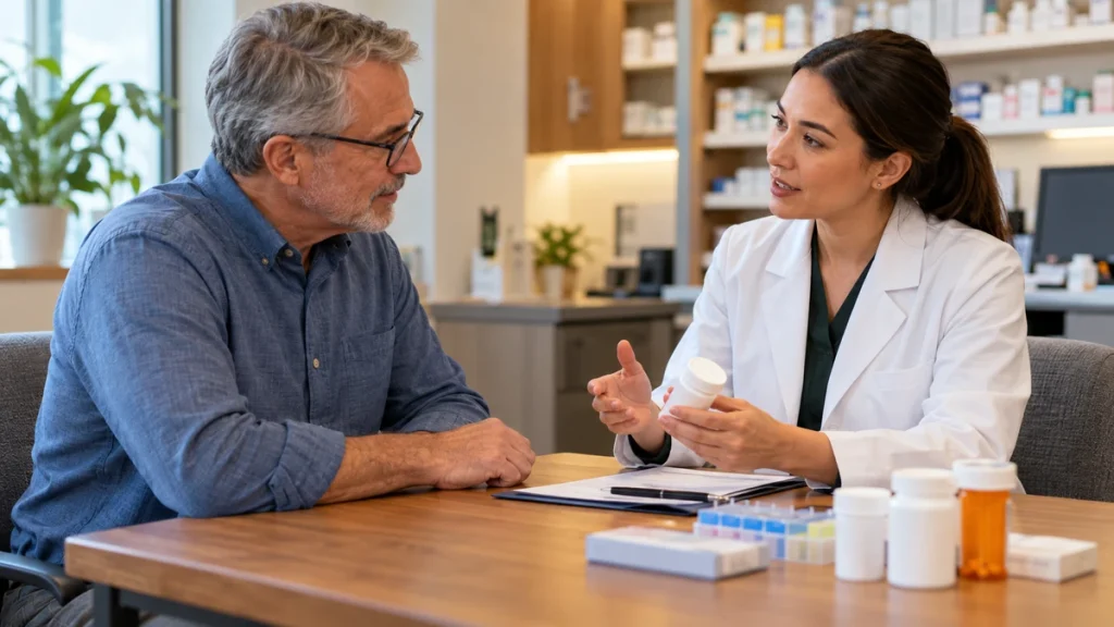 Adult meeting pharmacist for a medication review