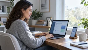 Woman securely using a patient portal on a laptop at home