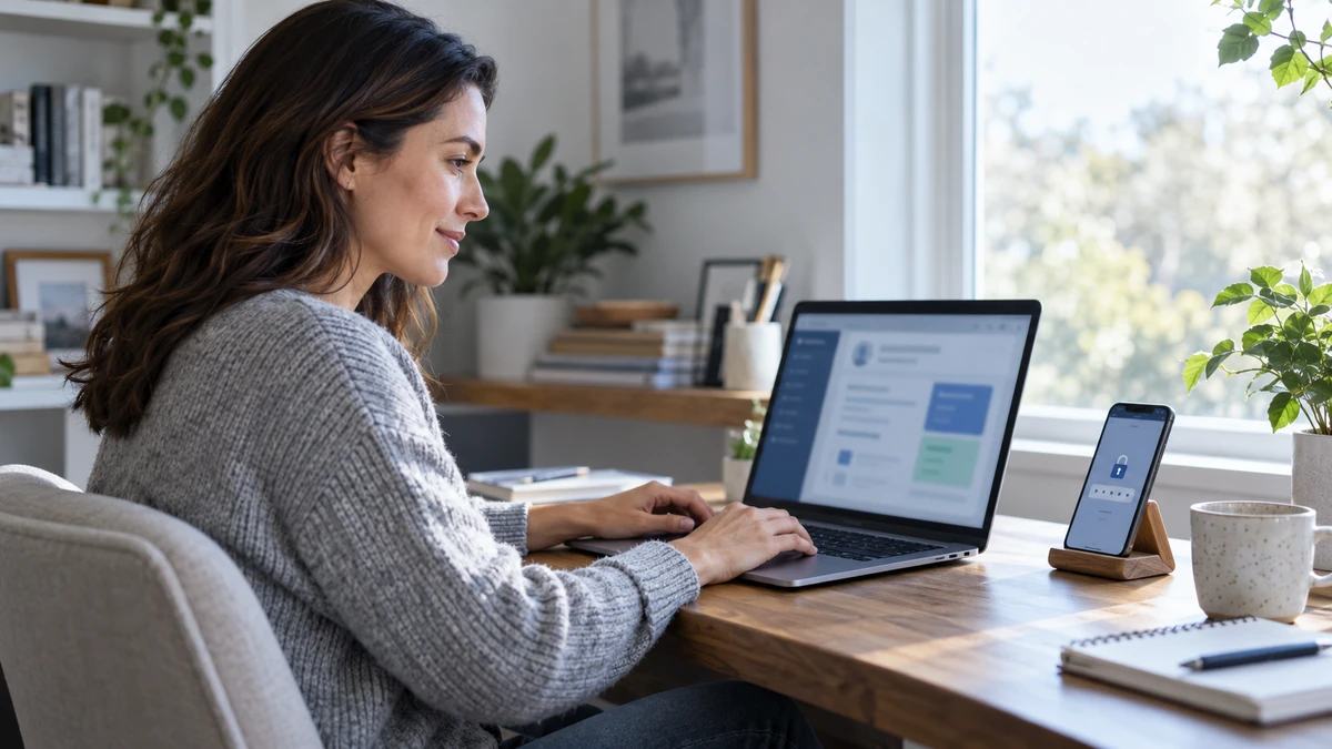 Woman securely using a patient portal on a laptop at home