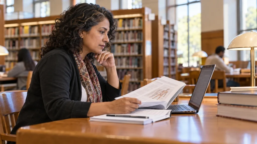 Adult comparing health information sources at a library desk