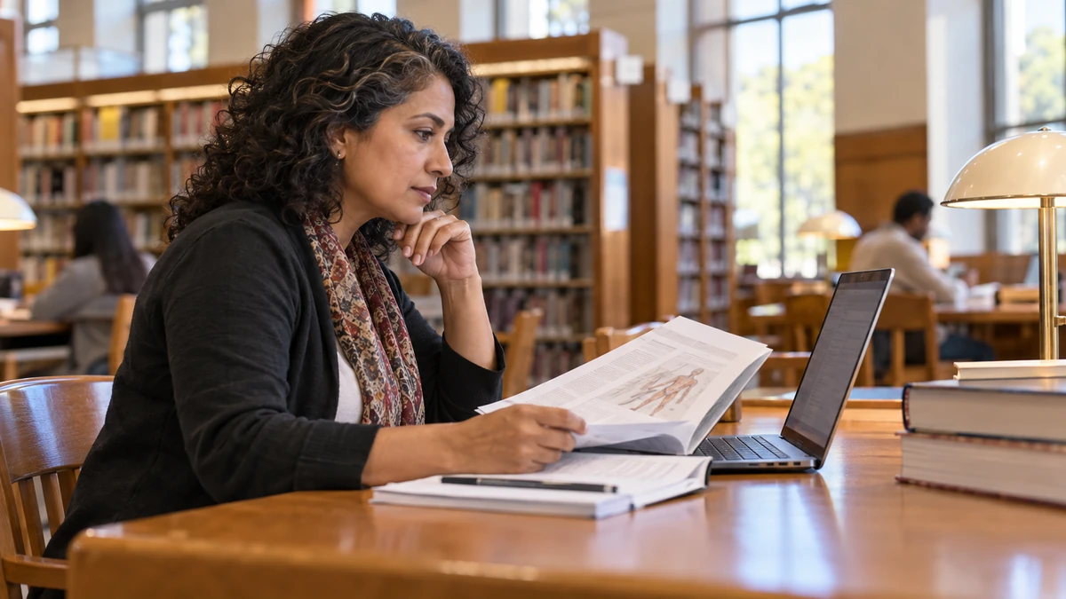 Adult comparing health information sources at a library desk