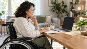 Wheelchair user preparing for a telehealth appointment at home