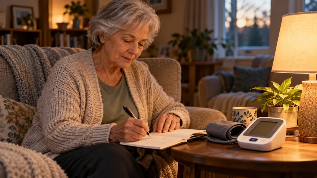 Older adult recording a home health measurement in a logbook