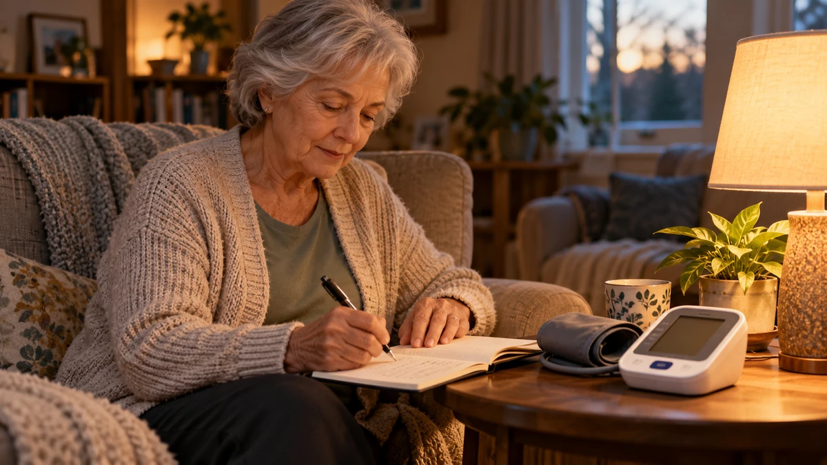 Older adult recording a home health measurement in a logbook