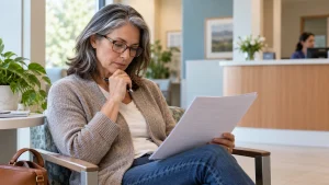 Adult reviewing a medical form carefully in a clinic reception area