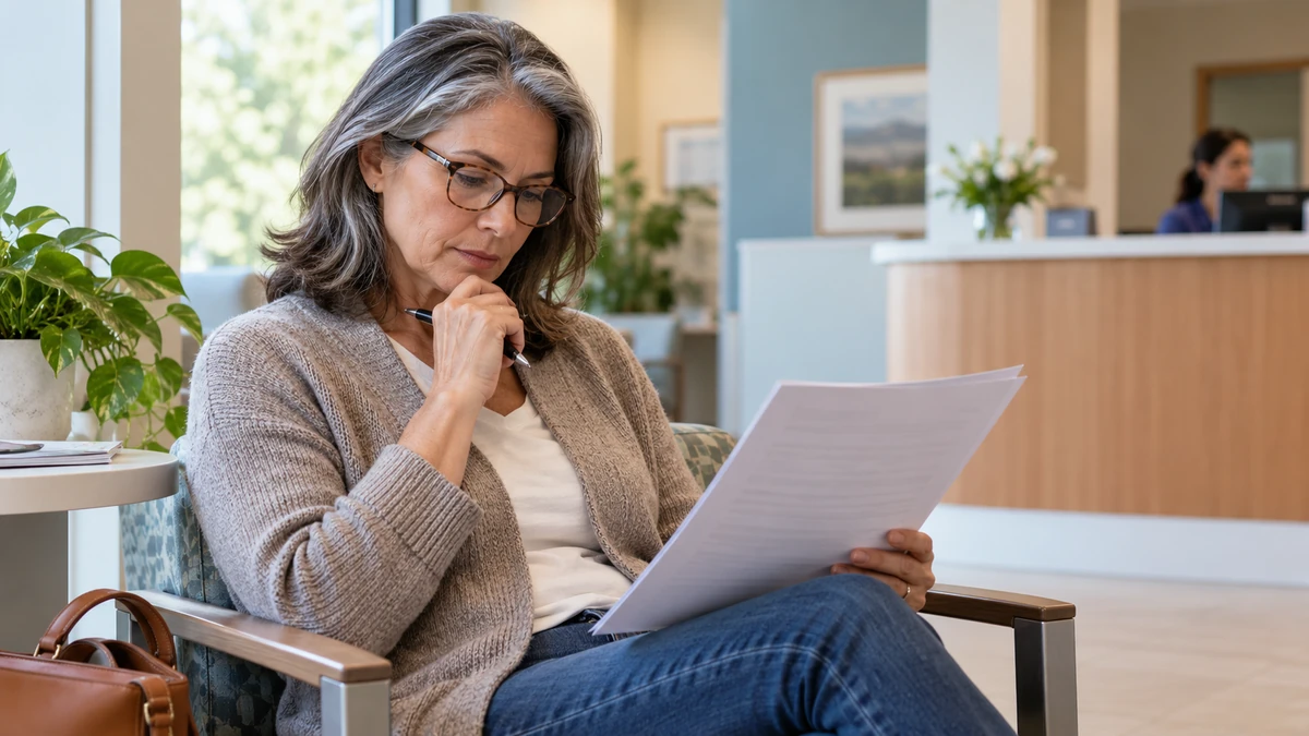 Adult reviewing a medical form carefully in a clinic reception area