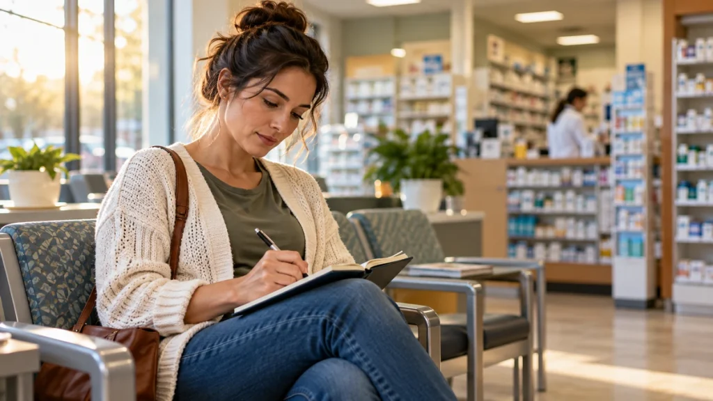 Parent writing questions for a pharmacist in a pharmacy waiting area