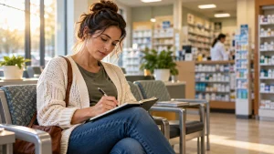 Parent writing questions for a pharmacist in a pharmacy waiting area
